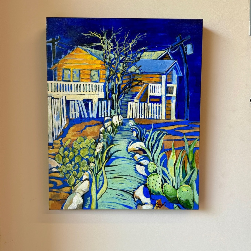 Original Acrylic Painting, Vibrant Blue and Green Home, 16x20” Wall Art